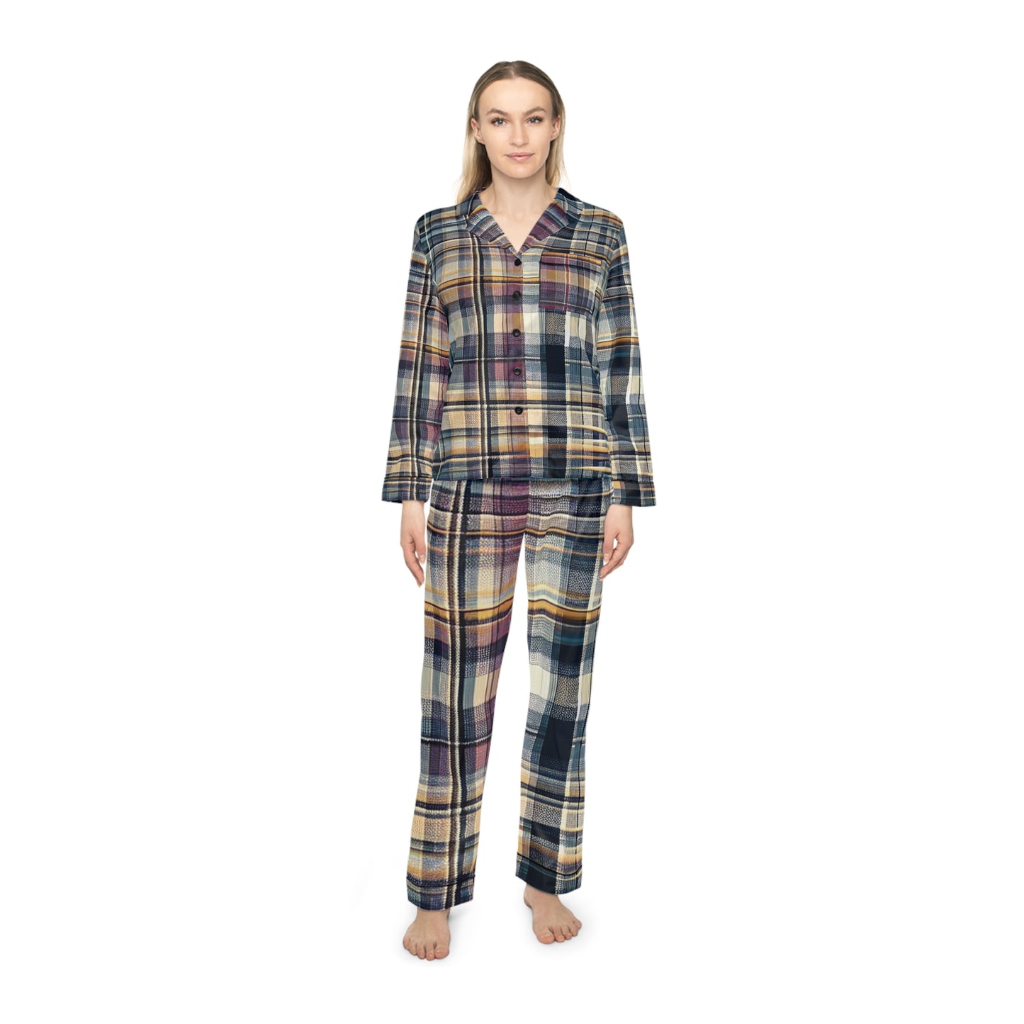 Cool-Tone Plaid Women's Satin Pajamas (AOP)