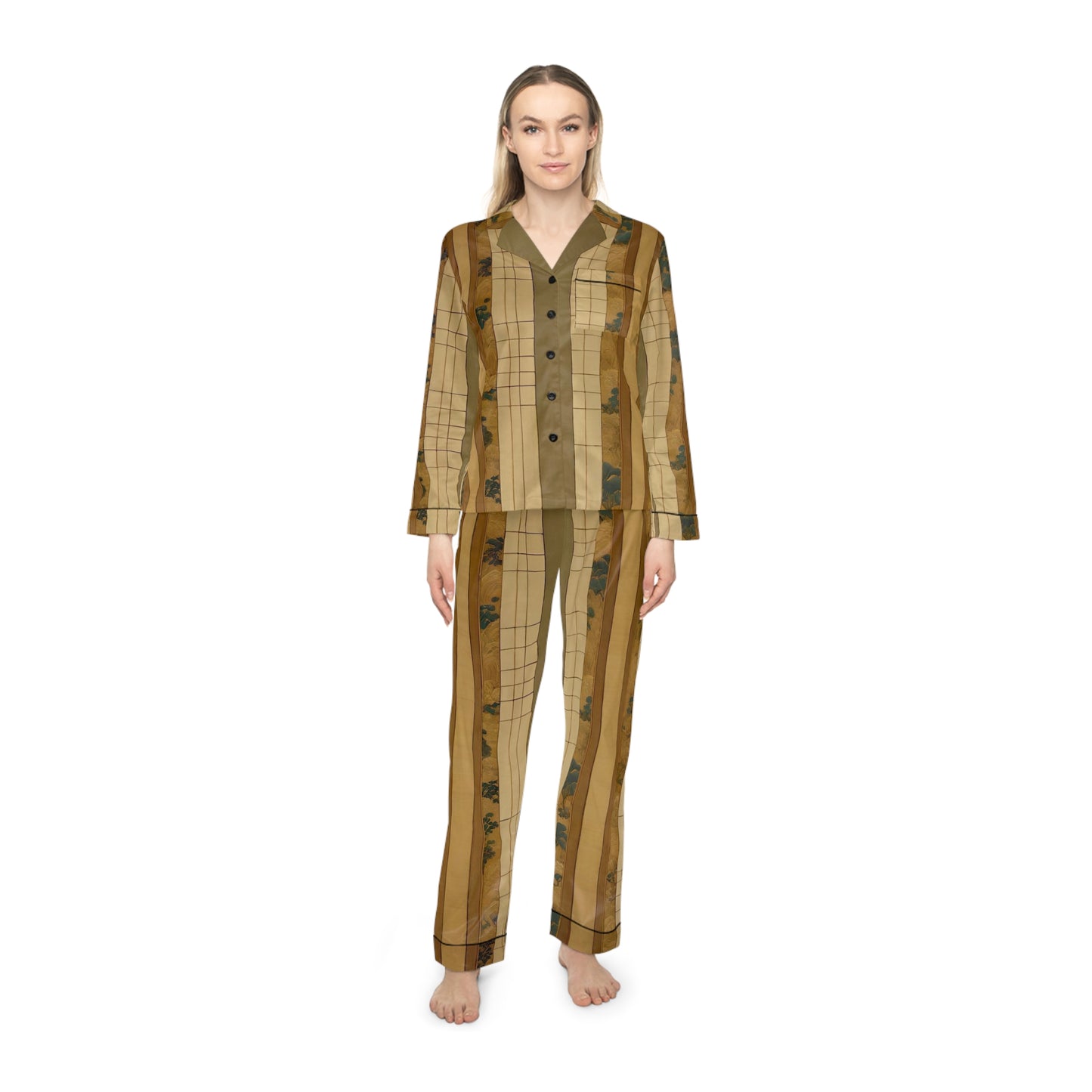 Pine Wood Plaid Women's Satin Pajamas (AOP)