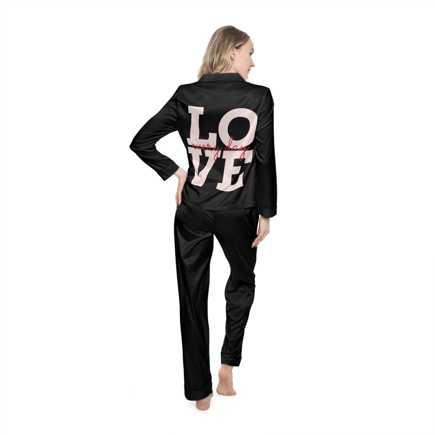 Love Everyday Black Women's Satin Pajamas (AOP)