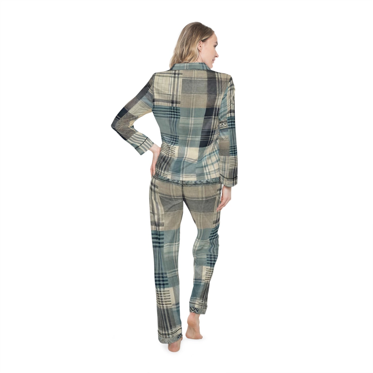 Dusky Blue Plaid Women's Satin Pajamas (AOP)