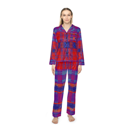 Red & Blue Plaid Women's Satin Pajamas (AOP)