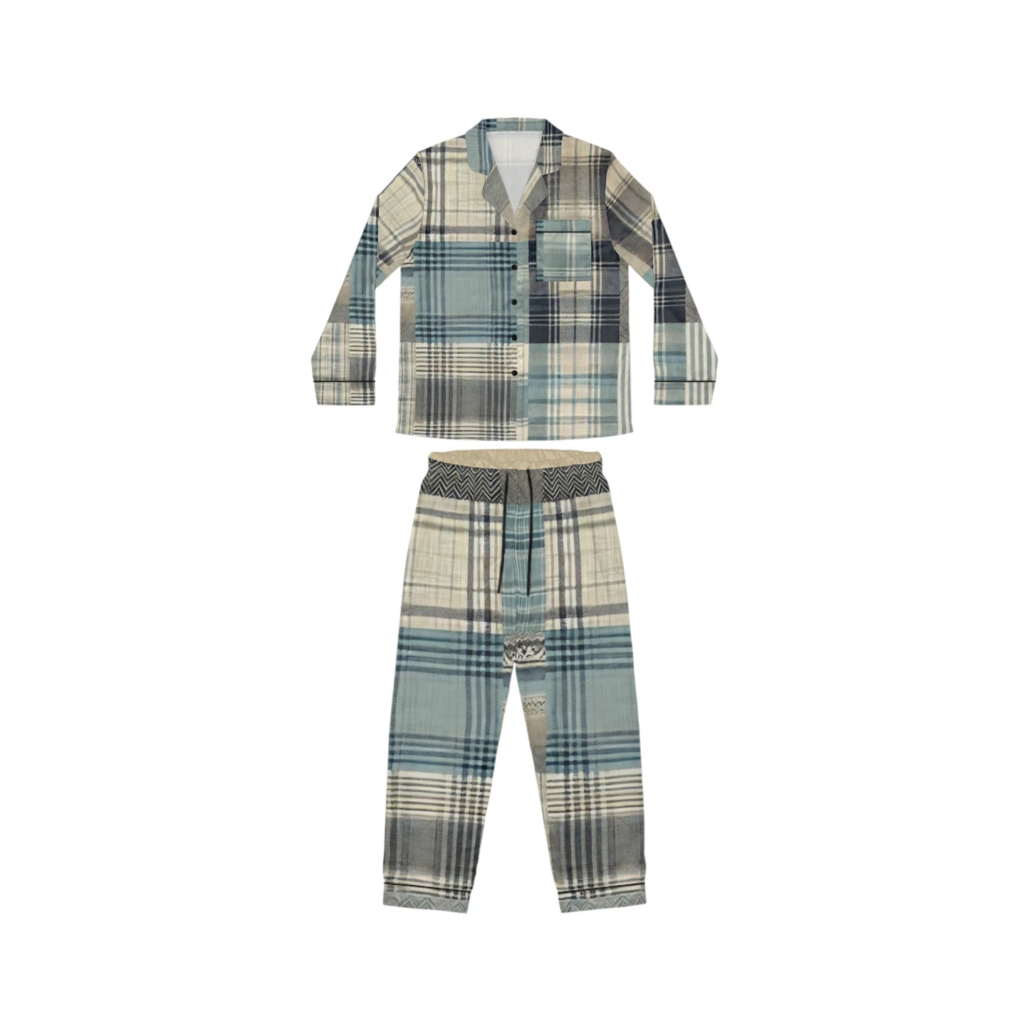 Dusky Blue Plaid Women's Satin Pajamas (AOP)