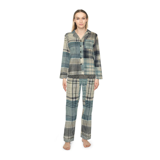 Dusky Blue Plaid Women's Satin Pajamas (AOP)