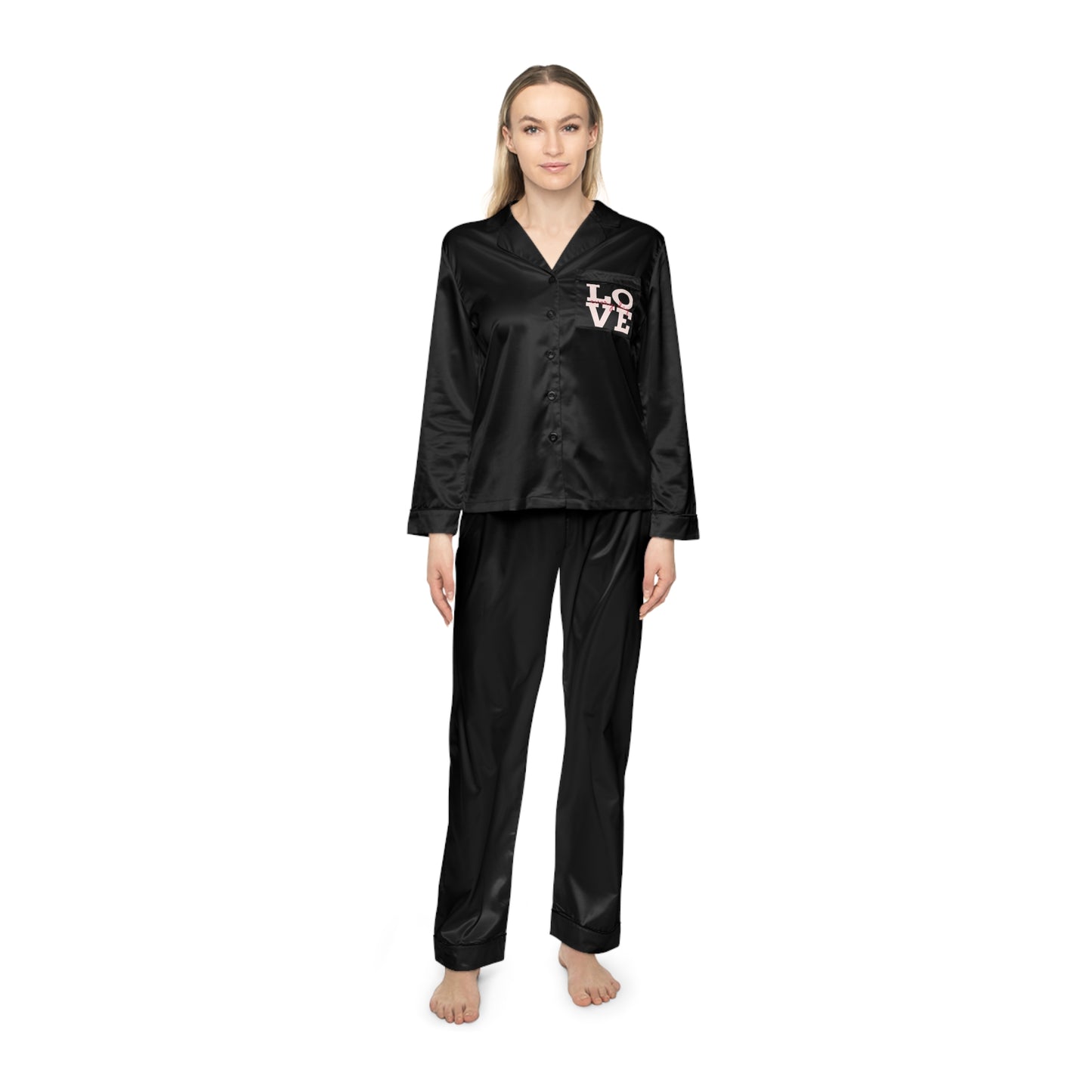 Love Everyday Black Women's Satin Pajamas (AOP)